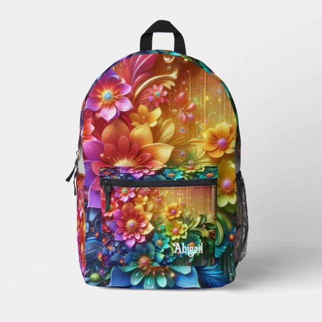 Girly Rainbow Flowers with Glitter Drips Backpack (Front)