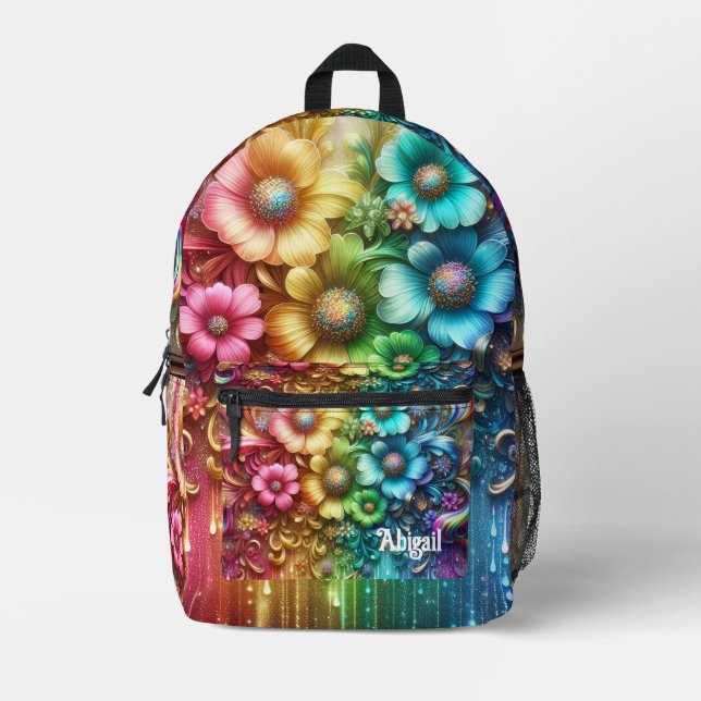 Girly Rainbow Flowers with Glitter Drips Backpack (Front)