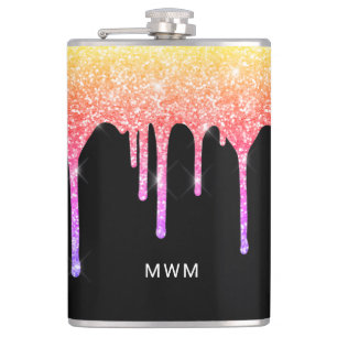 Girly Rainbow Glitter Drips Sparkle Monogram Hip Flask