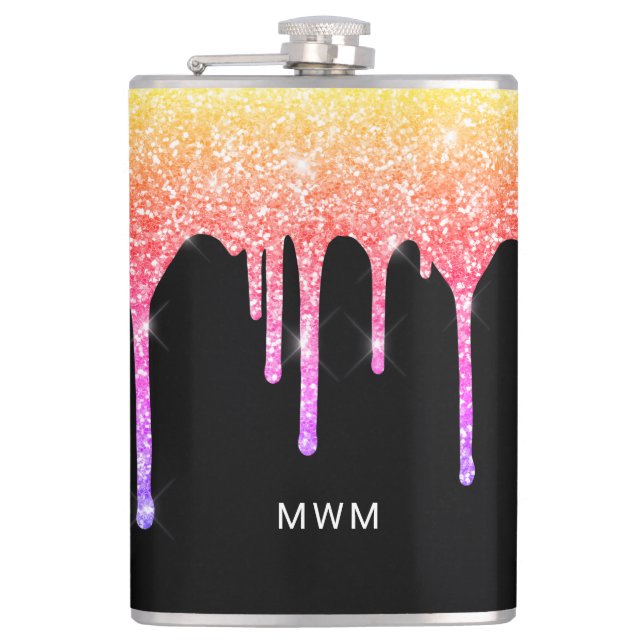 Girly Rainbow Glitter Drips Sparkle Monogram Hip Flask (Front)