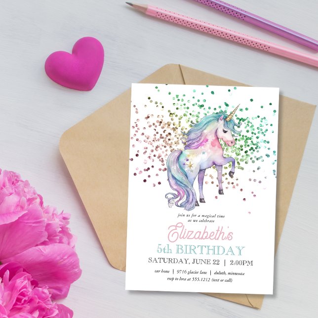 Girly Rainbow Glitter Magical Unicorn Birthday  Invitation (Creator Uploaded)