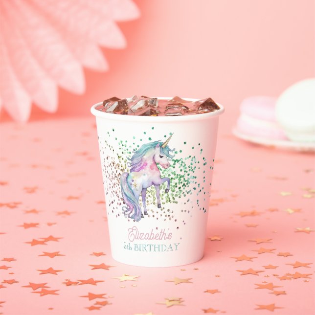 Girly Rainbow Glitter Magical Unicorn Birthday  Paper Cups (Insitu)