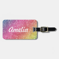 Girly Rainbow Glitter Monogram Name Luggage Tag