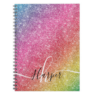Girly Rainbow Glitter Monogram Name Notebook