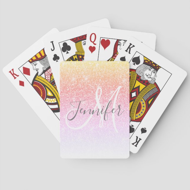 Girly Rainbow Glitter Sparkle Monogram Name Playing Cards (Back)