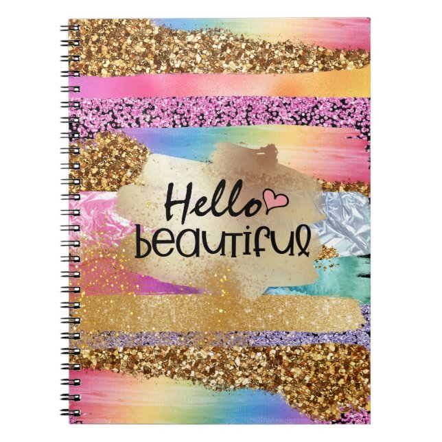 Girly rainbow gold glitter hello beautiful heart notebook (Front)