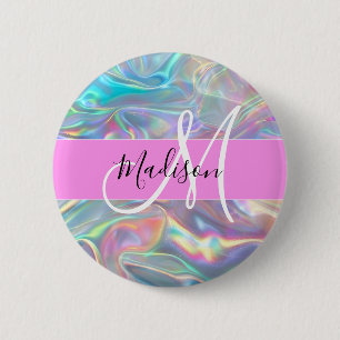 Girly Rainbow Holographic Iridescent Monogram Name 6 Cm Round Badge