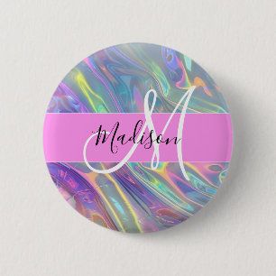 Girly Rainbow Holographic Iridescent Monogram Name 6 Cm Round Badge