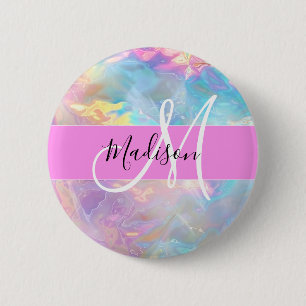 Girly Rainbow Holographic Iridescent Monogram Name 6 Cm Round Badge