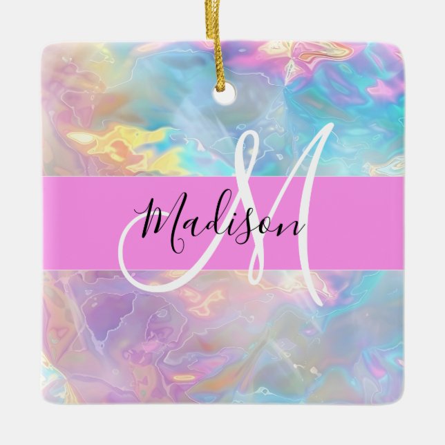 Girly Rainbow Holographic Iridescent Monogram Name Ceramic Ornament (Front)