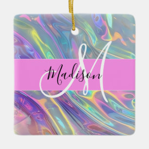 Girly Rainbow Holographic Iridescent Monogram Name Ceramic Ornament