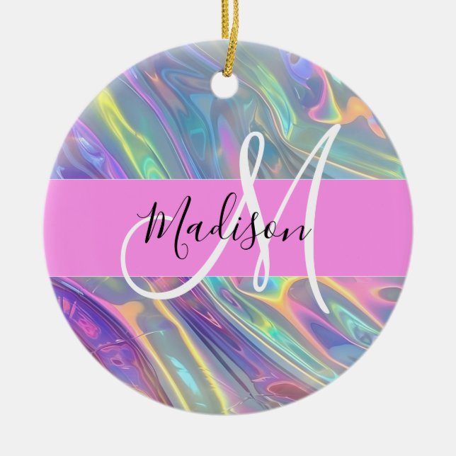 Girly Rainbow Holographic Iridescent Monogram Name Ceramic Ornament (Front)
