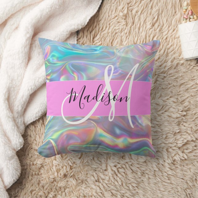 Girly Rainbow Holographic Iridescent Monogram Name Cushion (Blanket)