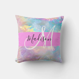 Girly Rainbow Holographic Iridescent Monogram Name Cushion