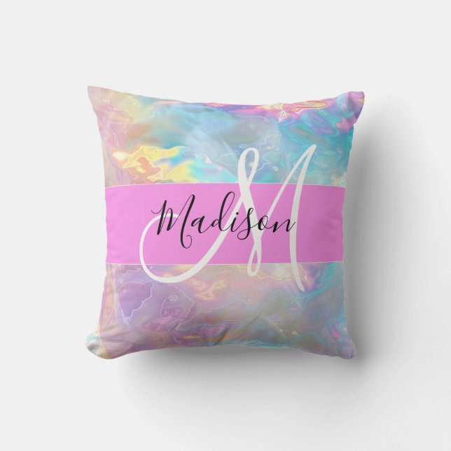 Girly Rainbow Holographic Iridescent Monogram Name Cushion (Front)