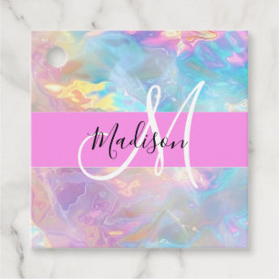 Girly Rainbow Holographic Iridescent Monogram Name Favour Tags