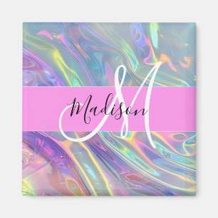 Girly Rainbow Holographic Iridescent Monogram Name Magnet