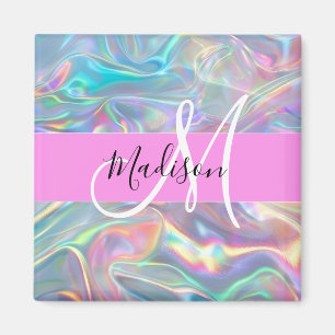 Girly Rainbow Holographic Iridescent Monogram Name Magnet
