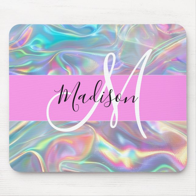 Girly Rainbow Holographic Iridescent Monogram Name Mouse Pad (Front)