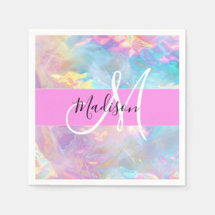 Girly Rainbow Holographic Iridescent Monogram Name Napkin