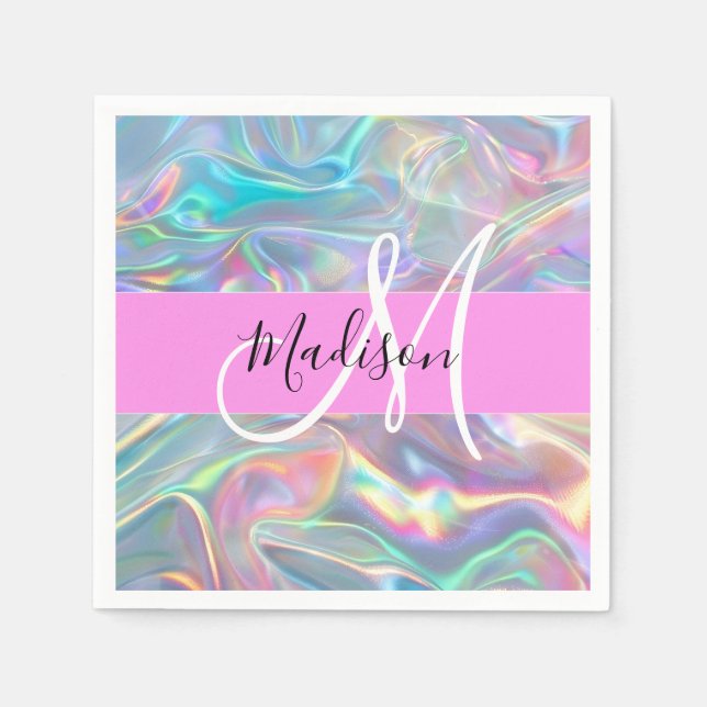 Girly Rainbow Holographic Iridescent Monogram Name Napkin (Front)