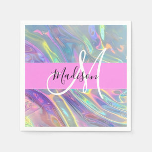 Girly Rainbow Holographic Iridescent Monogram Name Napkin