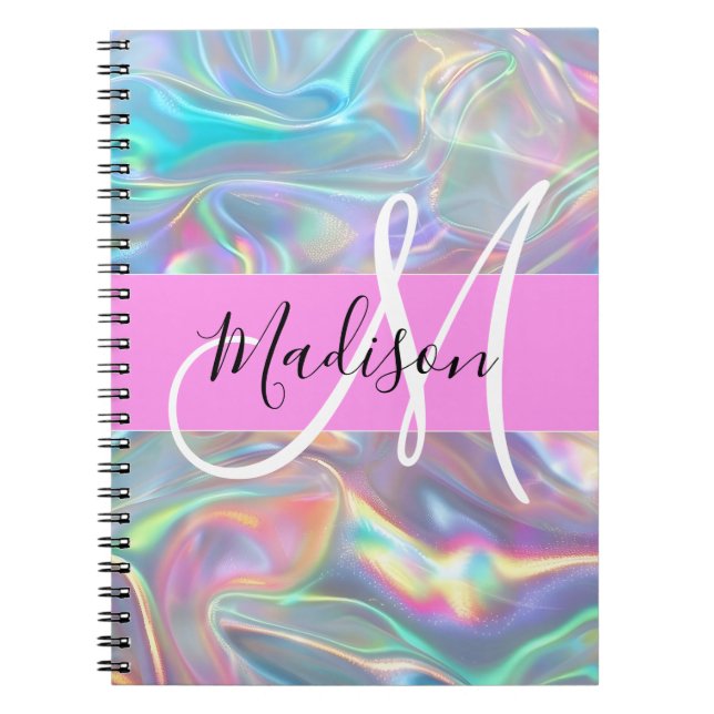 Girly Rainbow Holographic Iridescent Monogram Name Notebook (Front)