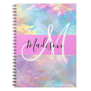 Girly Rainbow Holographic Iridescent Monogram Name Notebook
