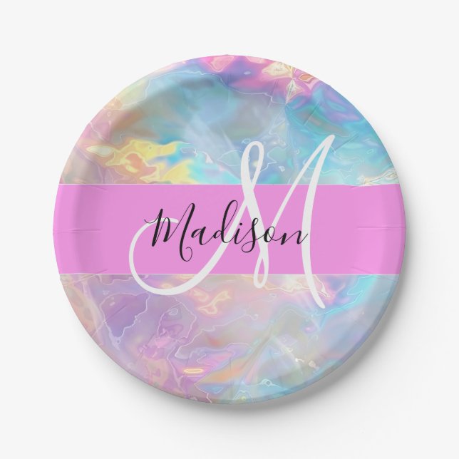 Girly Rainbow Holographic Iridescent Monogram Name Paper Plate (Front)