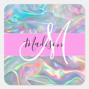 Girly Rainbow Holographic Iridescent Monogram Name Square Sticker