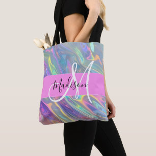 Girly Rainbow Holographic Iridescent Monogram Name Tote Bag