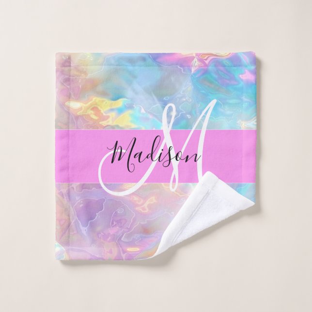 Girly Rainbow Holographic Iridescent Monogram Name Wash Cloth (Wash Cloth)