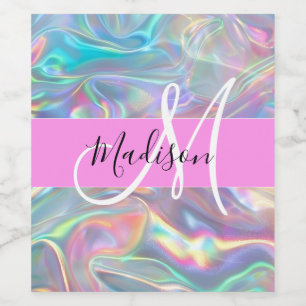 Girly Rainbow Holographic Iridescent Monogram Name Wine Label