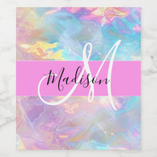 Girly Rainbow Holographic Iridescent Monogram Name Wine Label