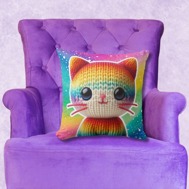 Girly Rainbow Knitted Cat Personalised Cushion (This rainbow gradient cat accent pillow would be colorful and fun for a kid's room.)