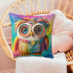 Girly Rainbow Knitted Owl Personalised Cushion