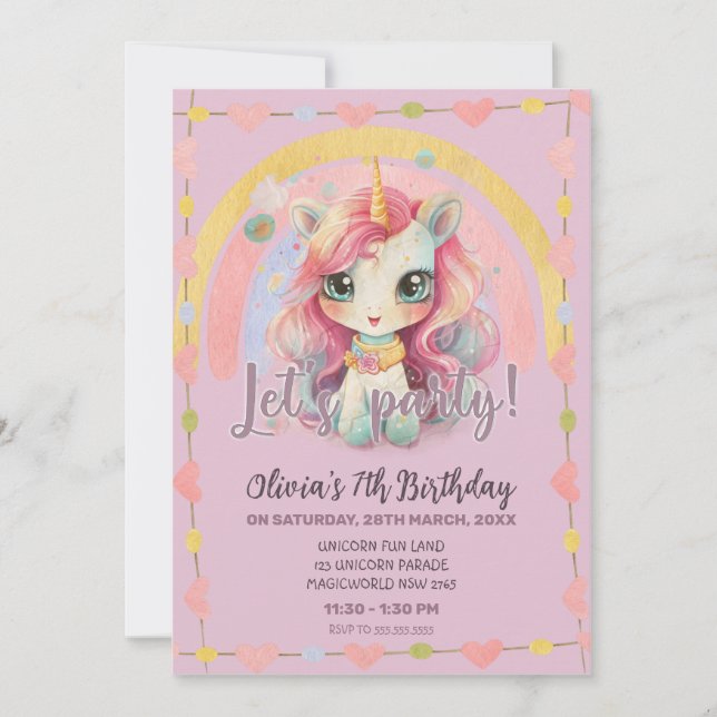 Girly Rainbow Pastel Lilac Kawaii Unicorn Birthday Invitation (Front)