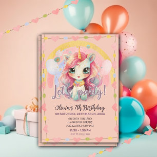 Girly Rainbow Pastel Pink Kawaii Unicorn  Invitation