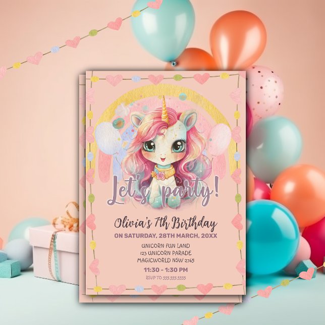 Girly Rainbow Pastel Pink Kawaii Unicorn  Invitation (Creator Uploaded)