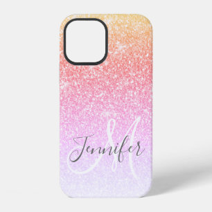 Girly Rainbow Pink Glitter Pink Monogram Name iPhone 12 Case