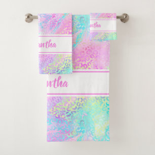 Girly Rainbow Shimmer Leopard Print Personalised Bath Towel Set