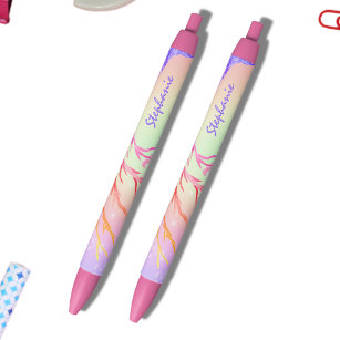 Girly Rainbow Sparkles Monogram Name  Black Ink Pen