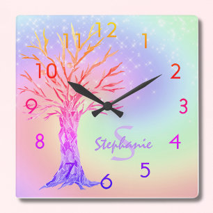 Girly Rainbow Sparkles Monogram Name  Square Wall  Clock