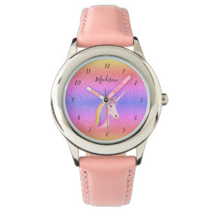 Girly Rainbow Unicorn Pastel Pink Glitter Kids Watch