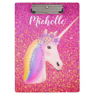 Girly Rainbow Unicorn Pink Glitter Personalized Clipboard