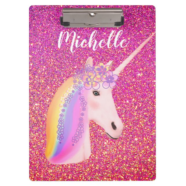 Girly Rainbow Unicorn Pink Glitter Personalized Clipboard (Front)