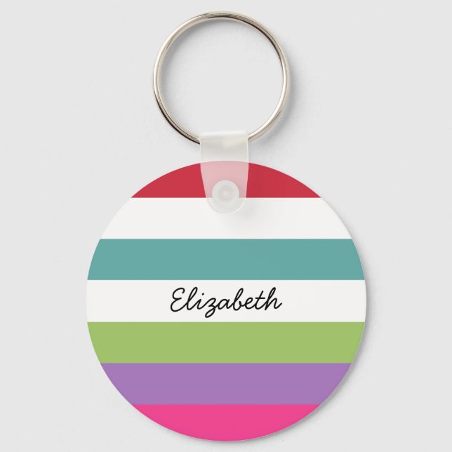 Girly Rainbow Wide Horizontal Stripes With Name Key Ring (Front)