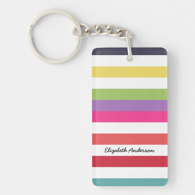 Girly Rainbow Wide Horizontal Stripes With Name Key Ring (Front)