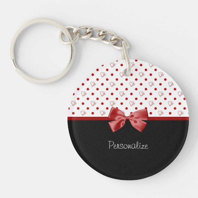 Girly Red and Black Polka Dot Hearts Bow With Name Key Ring (Front)