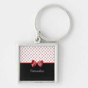 Girly Red and Black Polka Dot Hearts Bow With Name Key Ring